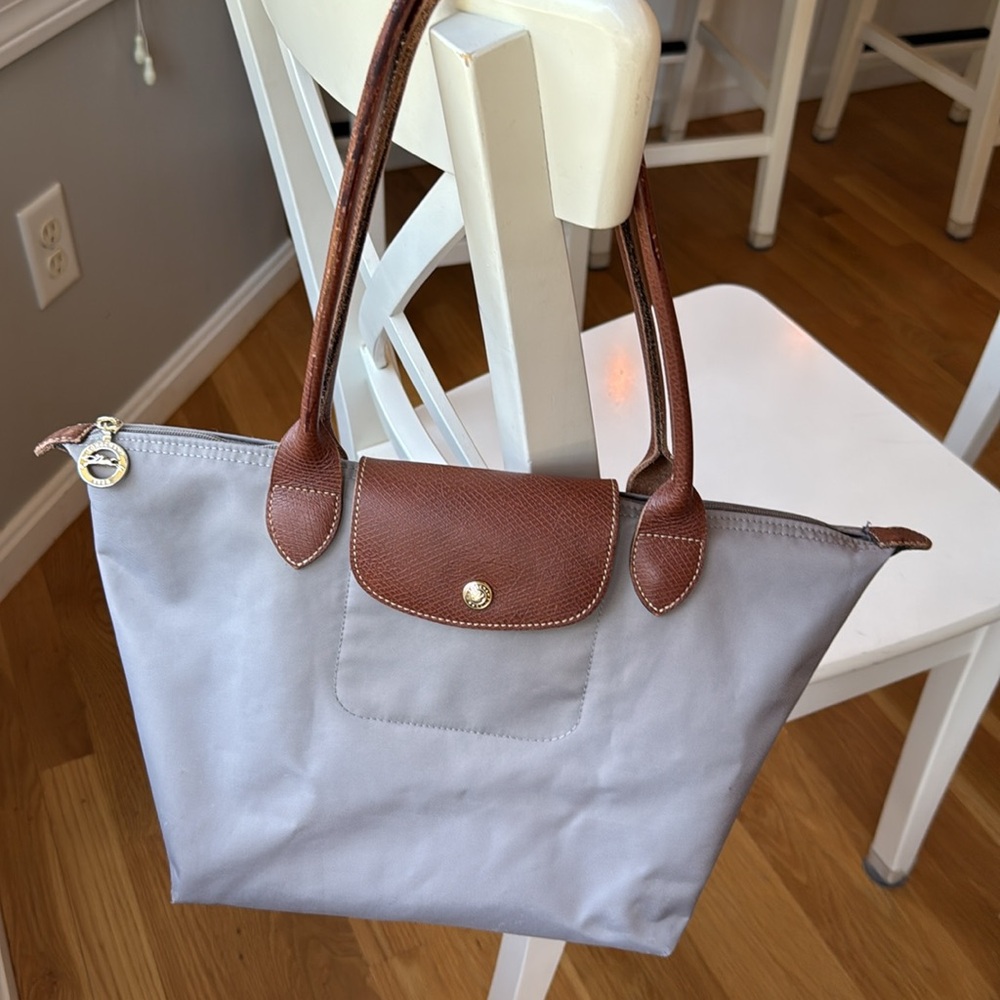 Longchamp Gray Tote with Brown Leather Trim
